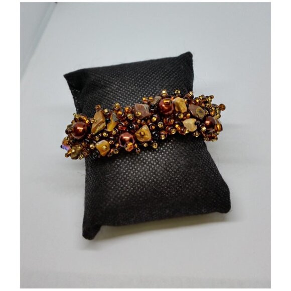HANDMADE earth tone glass seed bead and natural stone chips bracelet boho style - Picture 1 of 4